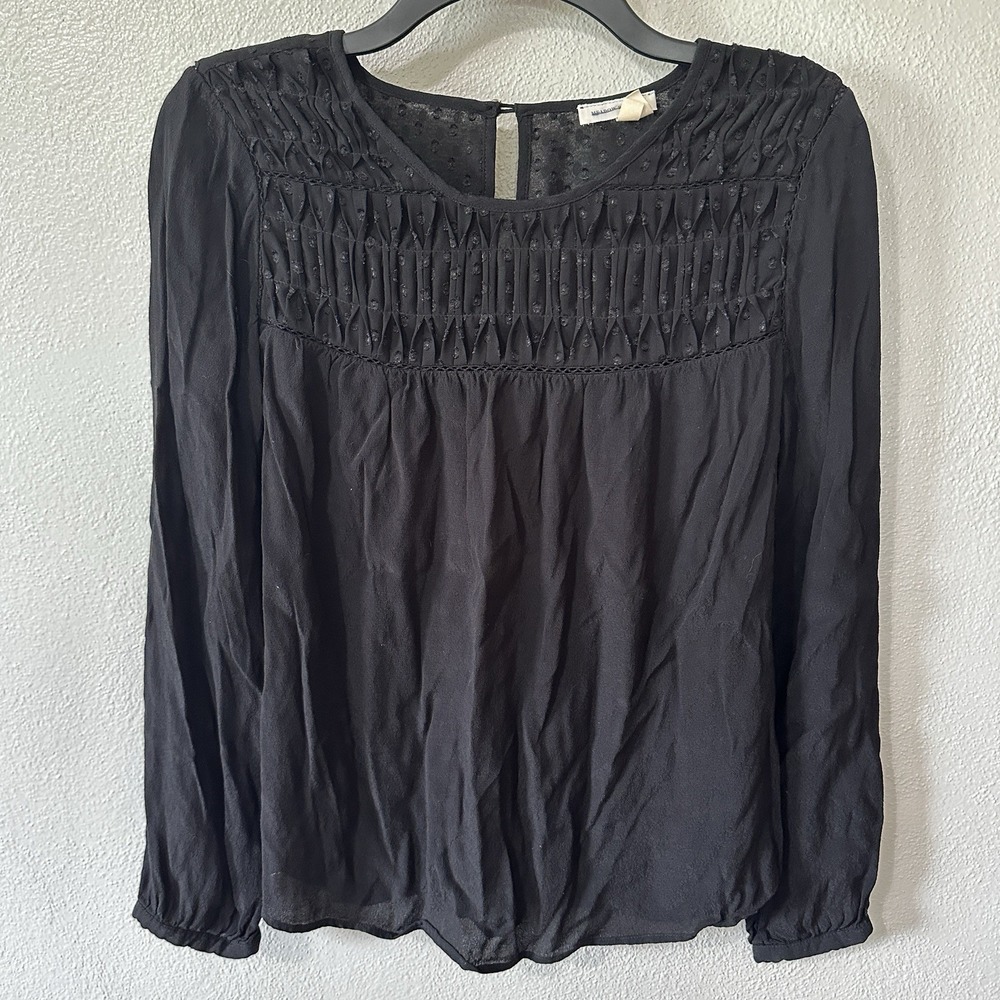 MEADOW RUE Anthropologie Vivie Black Smocked Yoke Blouse Long Sleeves Size XS
